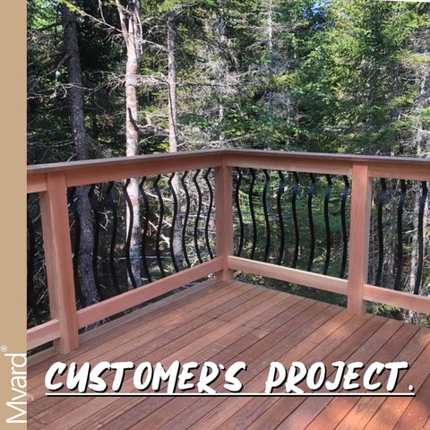 Aluminum Deck Balusters 32 And One Quarter Inches Matte Black With Screws 25 Pack Arc Arch Style Facemount railing on wooden deck