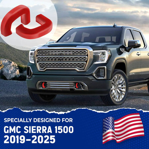 GMC Sierra 1500 Tow Hook Cover Red Silicone Rubber Upgrade Design For 2019 To 2025 Models Front Bumper Accessory Displayed