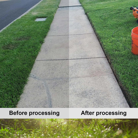 Side-by-side comparison of sidewalk edges before and after using 3 Pack 8 Inch By 2 Inch Edger Blades With 1 Inch Center Hole Fits Stihl Ego Echo Ryobi Kobalt Edgers Plus More Replacement 720237001 41337134101 613223 69601552632, showing clean, sharp edges.
