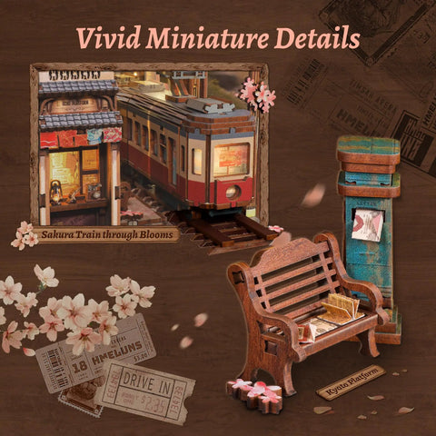 Cherry Blossom Sakura Train Book Nook Kit With LED 3D Wood Puzzle And Infinity Mirror featuring miniature train and blossoms.