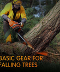NEO-TEC tree felling wedges, orange plastic, side view of worker with chainsaw cutting a fallen tree.