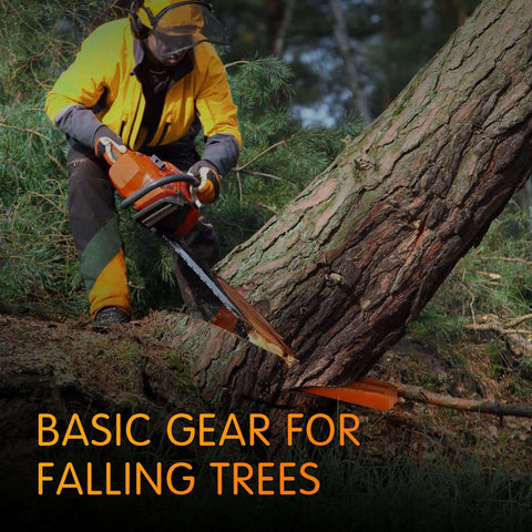 NEO-TEC tree felling wedges, orange plastic, side view of worker with chainsaw cutting a fallen tree.