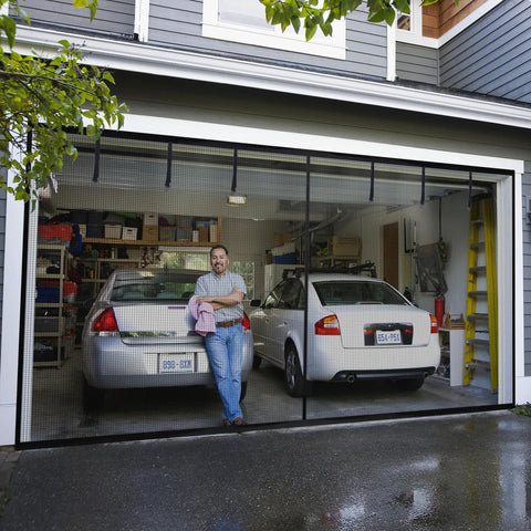 Roll Up Garage Door Screen 14x7 Ft Fit Up To 14x7 Ft Wind Resistant Polyester Mesh For Garage, Driveway, Patio, Exterior Or Interior Use, Replacement For Fixed Screen Door installed on garage with cars visible