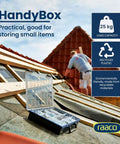HandyBox Toolbox Storage And Carrying System With Four Adjustable Grid Compartments For Nuts Bolts Screws And Small Parts Durable Polypropylene Plastic Organizer shown in use on a rooftop.