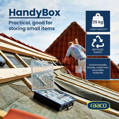HandyBox Toolbox Storage And Carrying System With Four Adjustable Grid Compartments For Nuts Bolts Screws And Small Parts Durable Polypropylene Plastic Organizer shown in use on a rooftop.