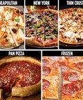 Assorted pizzas showing Neapolitan, New York, Thin Crust, Pan Pizza, and Frozen styles, each with varying toppings and slices.