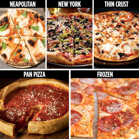 Assorted pizzas showing Neapolitan, New York, Thin Crust, Pan Pizza, and Frozen styles, each with varying toppings and slices.