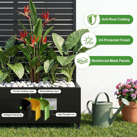 Metal Raised Garden Bed With Trellis And Wheels For Climbing Plants Veggies And Vines Rust Resistant Galvanized Steel Planter 72 By 47 By 16 Inches Includes Drainage Holes And Black Privacy Screen with plants and watering can