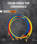 Image showing Three Color HVAC Charging Hoses With Ball Valve Kit, Five Foot Long, Color Coded Red Blue Yellow, with metal handles
