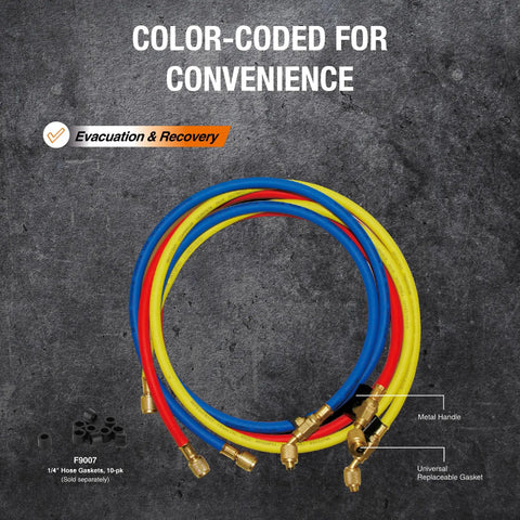 Image showing Three Color HVAC Charging Hoses With Ball Valve Kit, Five Foot Long, Color Coded Red Blue Yellow, with metal handles