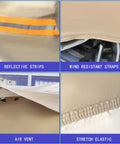 Tough As Nails Heavy Duty Outdoor Car Cover for Ford Mustang 1994-2026 with reflective strips, wind straps, air vent, and elastic in tan.