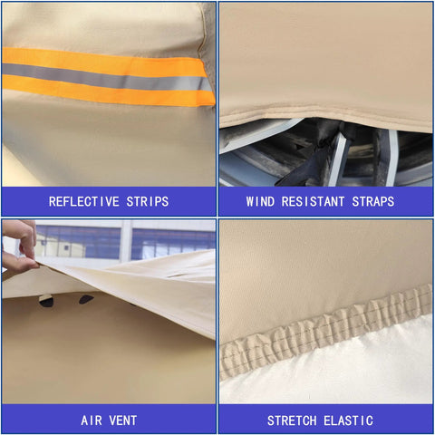 Tough As Nails Heavy Duty Outdoor Car Cover for Ford Mustang 1994-2026 with reflective strips, wind straps, air vent, and elastic in tan.
