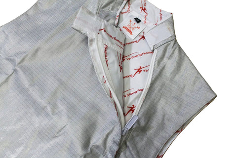 Close-up of interior lining and zipper of Pro Grade Lame Fencing Vest For Foil And Saber Practice And Competition.