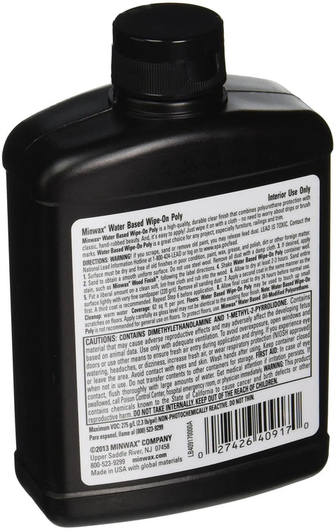 Back label of a pint of Water Based Wipe On Polyurethane Satin Finish For Wood DIY Friendly, Ultra Durable, Fast Dry, Low Odor, Easy Cleanup.