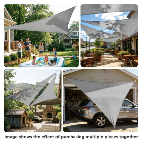 4 views of 6 Ft By 6 Ft By 6 Ft Triangle Sun Shade Sail For Outdoor Patio Canopy Built Tough No Sag Design Heavy Duty UV Protected Shade Cloth For Backyard Garden Porch Customizable Light Gray installed over various outdoor spaces.