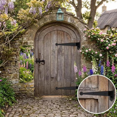 Wooden gate with 8 Pack 12 Inch Beefy Heavy Duty Wrought Iron Blind Shutter Hinges Kit Lift Off Pintle Two And Five Eighths Inch Offset