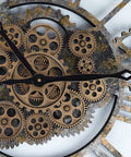 Close-up of Steampunk Wall Clock With Moving Bronze Gears and Rustic Wooden Frame, showcasing intricate gears and clock hands.