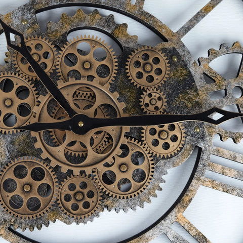 Close-up of Steampunk Wall Clock With Moving Bronze Gears and Rustic Wooden Frame, showcasing intricate gears and clock hands.