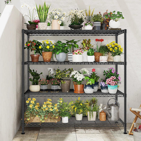 Extra Wide 4 Tier Storage Rack With 800 Lbs Capacity Adjustable Shelves Black Metal Shelf Unit For Garage Closet Kitchen Utility And Bulk Storage Heavy Duty Steel Construction For Long Lasting Use, 45W x 13.5D x 59.4H black steel shelving for potted plants