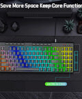 94 Key Wired RGB Gaming Keyboard Delivering Crisp Mechanical Feel And Snappy Anti Ghosting Action Alongside Four Custom Macro Keys And Large Numpad For A Truly Squad Approved Desk Setup, showcasing colorful RGB keys.