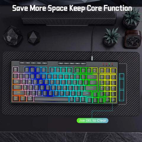 94 Key Wired RGB Gaming Keyboard Delivering Crisp Mechanical Feel And Snappy Anti Ghosting Action Alongside Four Custom Macro Keys And Large Numpad For A Truly Squad Approved Desk Setup, showcasing colorful RGB keys.