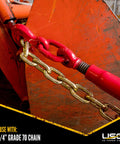 Ten Pack Ratchet Chain Binders For Secure Tie Downs, Fits One Quarter Inch Grade 70 And Five Sixteenth Inch Grade 43 Chain, 3150 Lbs Working Load Limit, Red Finish, Two Grab Hooks Per Binder shown securing chain on orange surface