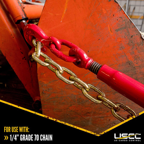 Ten Pack Ratchet Chain Binders For Secure Tie Downs, Fits One Quarter Inch Grade 70 And Five Sixteenth Inch Grade 43 Chain, 3150 Lbs Working Load Limit, Red Finish, Two Grab Hooks Per Binder shown securing chain on orange surface