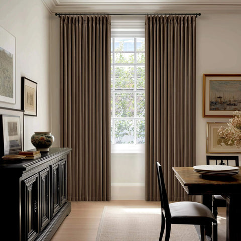 Dual Layer Blackout Curtains 102 Inch Length Two Panels Pinch Pleated For Sliding Glass Doors Flax Linen Texture Ceiling Track Thermal Room Darkening Light Brown Drapes installed in dining room