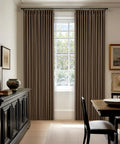 Pleated Linen Blackout Curtains 84 Inches Long 100 Percent Blackout For Bedroom And Living Room With Pinch Pleat Thermal Insulated Back Tab Ring Hooks Room Darkening Drapes In Light Brown With Liner installed in dining room
