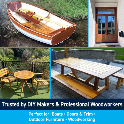 Halcyon Water Based Marine Varnish For Boats And Outdoor Woodworking Projects Quick Dry Finish With Ultra Hard Polyurethane Protection Clear Gloss Quart shown on boat, door, table, and furniture.