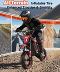 Kids Electric Dirt Bike With 700W Peak Power And Three Speed Modes Rides Up To 15.5 MPH On Mixed Terrain For Real Dirt Bike Feel And About 13.7 Mile Range In Bright Red shown on gravel and trail use