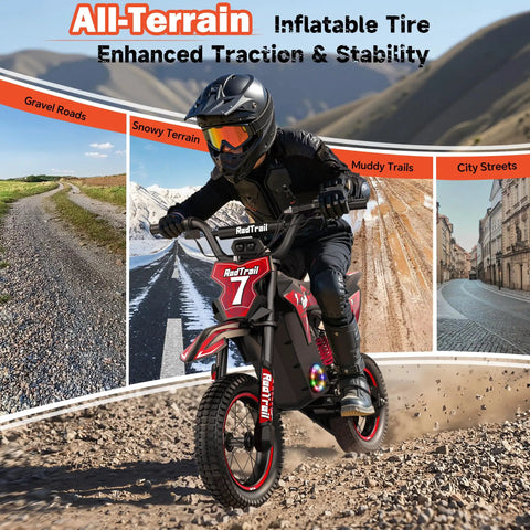Kids Electric Dirt Bike With 700W Peak Power And Three Speed Modes Rides Up To 15.5 MPH On Mixed Terrain For Real Dirt Bike Feel And About 13.7 Mile Range In Bright Red shown on gravel and trail use