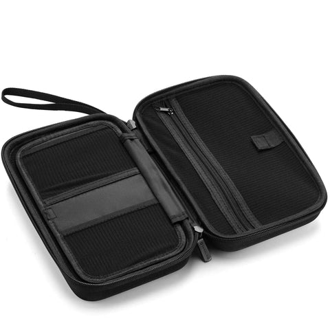 Kickass Shockproof Eva Travel Organizer For Power Banks And Cables Beast Mode Tech Essentials Pouch With Secure Wrist Strap open design showing compartments in black.