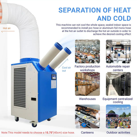Heavy Duty Portable Air Conditioner 18700 BTU Rock Solid Spot Cooler with dual air outlets for targeted cooling in workshops.