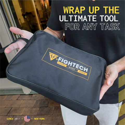 Person holding FightTech branded pouch for Rugged Leather Welding Apron With Eleven Tool Pockets For Woodworking And Metalworking
