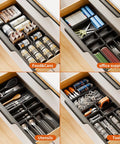 Epic 69 Piece Tool Drawer Organizer Set In Five Sizes For Desk Drawer Rolling Tool Chest And Tray Storage Black Keeps Your Gear Sorted, Easy Access And Ready To Go showing four types of organization: food, office supplies, utensils, and tools.