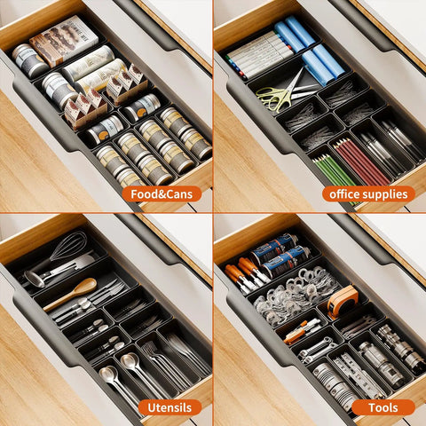 Epic 69 Piece Tool Drawer Organizer Set In Five Sizes For Desk Drawer Rolling Tool Chest And Tray Storage Black Keeps Your Gear Sorted, Easy Access And Ready To Go showing four types of organization: food, office supplies, utensils, and tools.