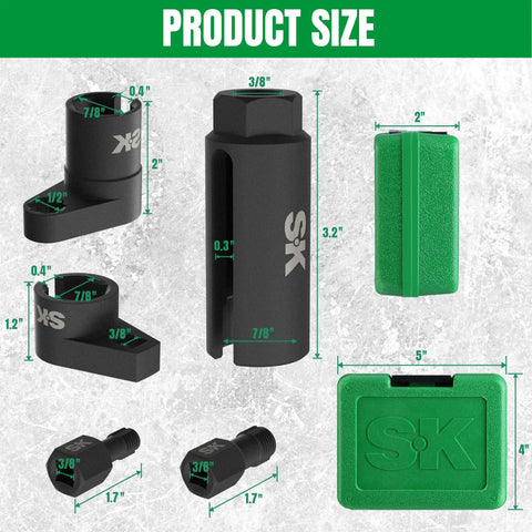Five Piece O2 Sensor Socket Kit For Auto Repair With Oxygen Sensor Wrench Three Eighths Inch Drive And One Half Inch Drive Seven Eighths Inch Offset Removal Tool Includes M12 By 1.25 And M18 By 1.5 Thread Chasers product size display