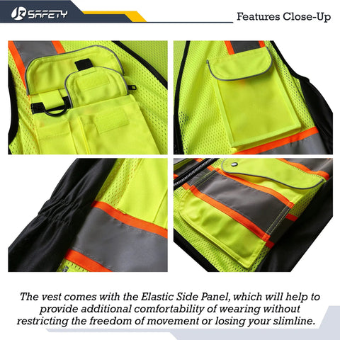 Close-up of Nine Pockets Women Hi Vis Reflective Safety Vest Mesh Neon Yellow With Reflective Strips And Orange Extended Trims ANSI Compliant