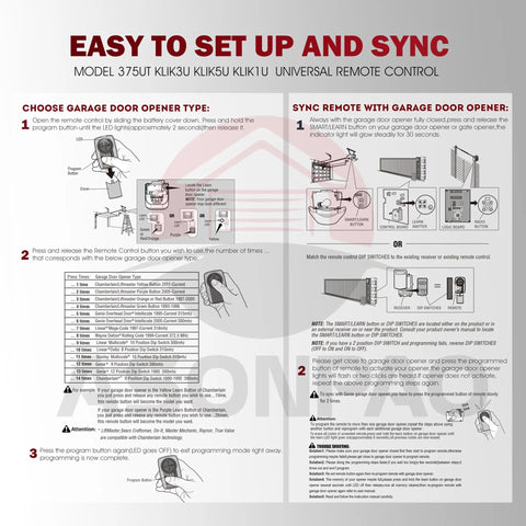 Instructions for programming Universal All In One Garage Door Opener Remote For LiftMaster Chamberlain Sears Craftsman