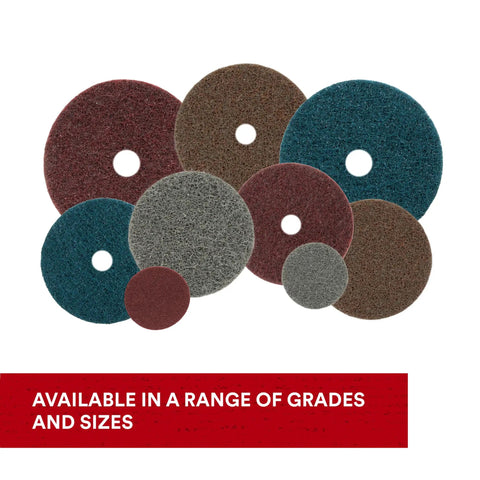 Collection of nonwoven surface conditioning discs in various colors and sizes including 2 Inch Medium Grit for cleaning and blending.