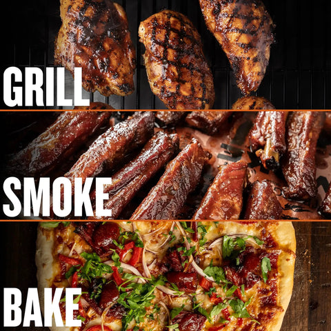 Grilled chicken, smoked ribs, and baked pizza on Woodridge Pro Electric Wood Pellet Grill And Smoker For Backyard Grillin.