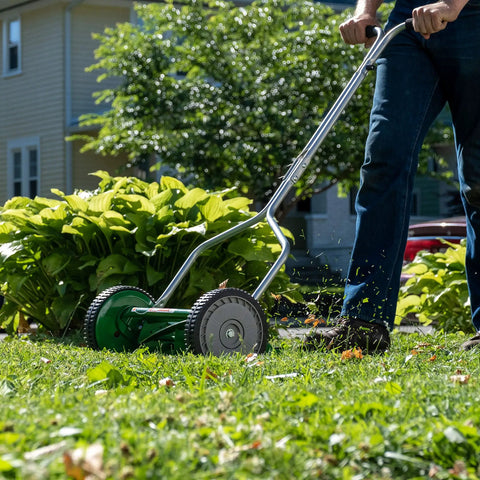 Man using No Sweat 14 Inch 5 Blade Push Reel Lawn Mower With Ball Bearing Reel And Cushioned T Style Handle Adjustable Cutting Height