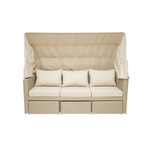 Top Shelf Wicker Patio Couch With Cabana Canopy And Ottoman Set Featuring Three Seat Bench Plus Coffee Table For Chill Backyard Hangouts With Zero Stress