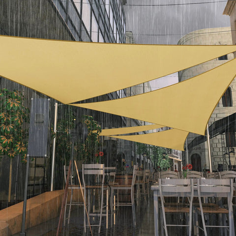 Outdoor cafe with 12 Ft By 12 Ft By 12 Ft Beige Triangle Sun Shade Sail Waterproof UPF50 Plus Water Resistant Outdoor Canopy