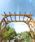 Cedar Wood Garden Arbor 55 By 88 Inches Golden Brown Arch With Lattice Trellis For Climbing Plants in a lush garden setting.