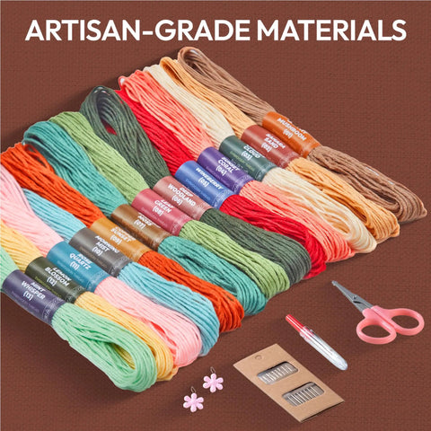 Beginner Friendly Embroidery Kit With 4 Pre Printed 12x12 Cloths, 7.8 Inch Hoop, 23.3 Feet Of Embroidery Thread, 9 Needles, and Tools