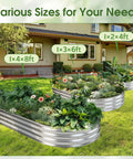 Garden with various sizes of tough oval galvanized raised garden beds for outdoors, planted with vegetables and flowers.