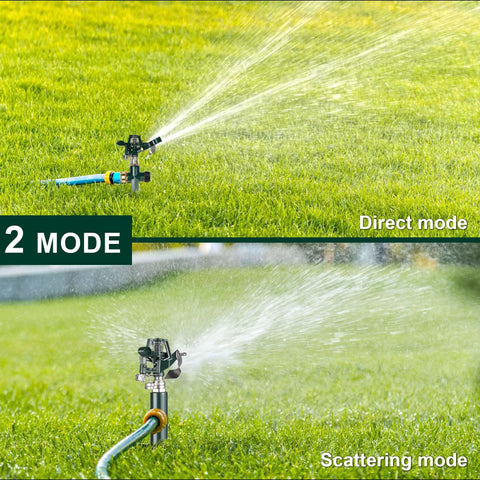 Two Pack Spike Sprinklers For Yard With Metal Base Heavy Duty Impact Sprinkler Adjustable Zinc Alloy Water Sprinkler For 360 Degree Coverage Large Area Lawn Garden Irrigation Easy Setup Pro Grade And Durable Outdoor Sprinkler System in use on lawn.