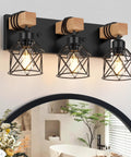 3 Light Farmhouse Vanity Light For Bathroom Over Mirror Rustic Wood And Black Metal Cage Industrial Fixture